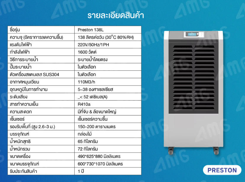 PRESTON เครื่องลดความชื้นอุตสาหกรรม รุ่น PRESTON 138L