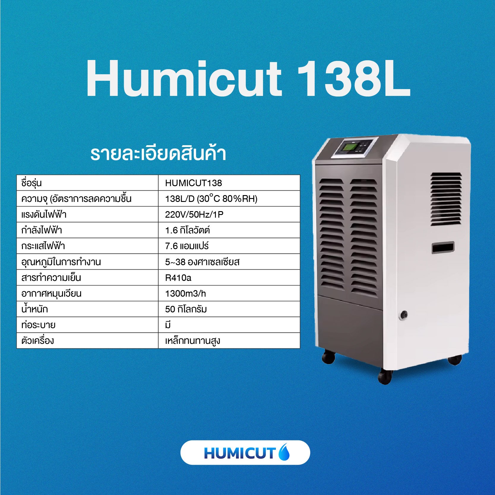 HUMICUT เครื่องลดความชื้นอุตสาหกรรม รุ่น Humicut 138L สีดำ