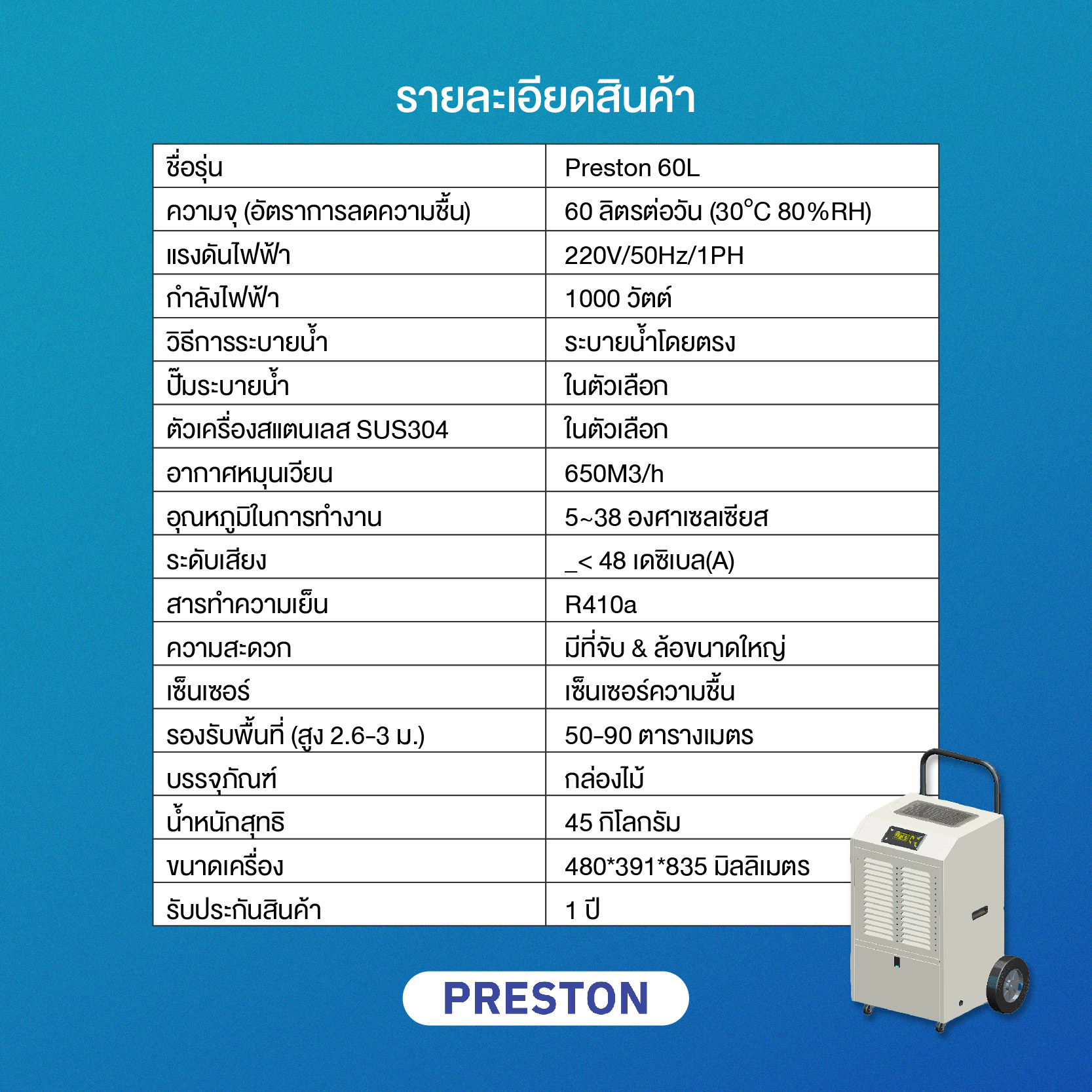 เครื่องลดความชื้นอุตสาหกรรม PRESTON รุ่น PRESTON 60L