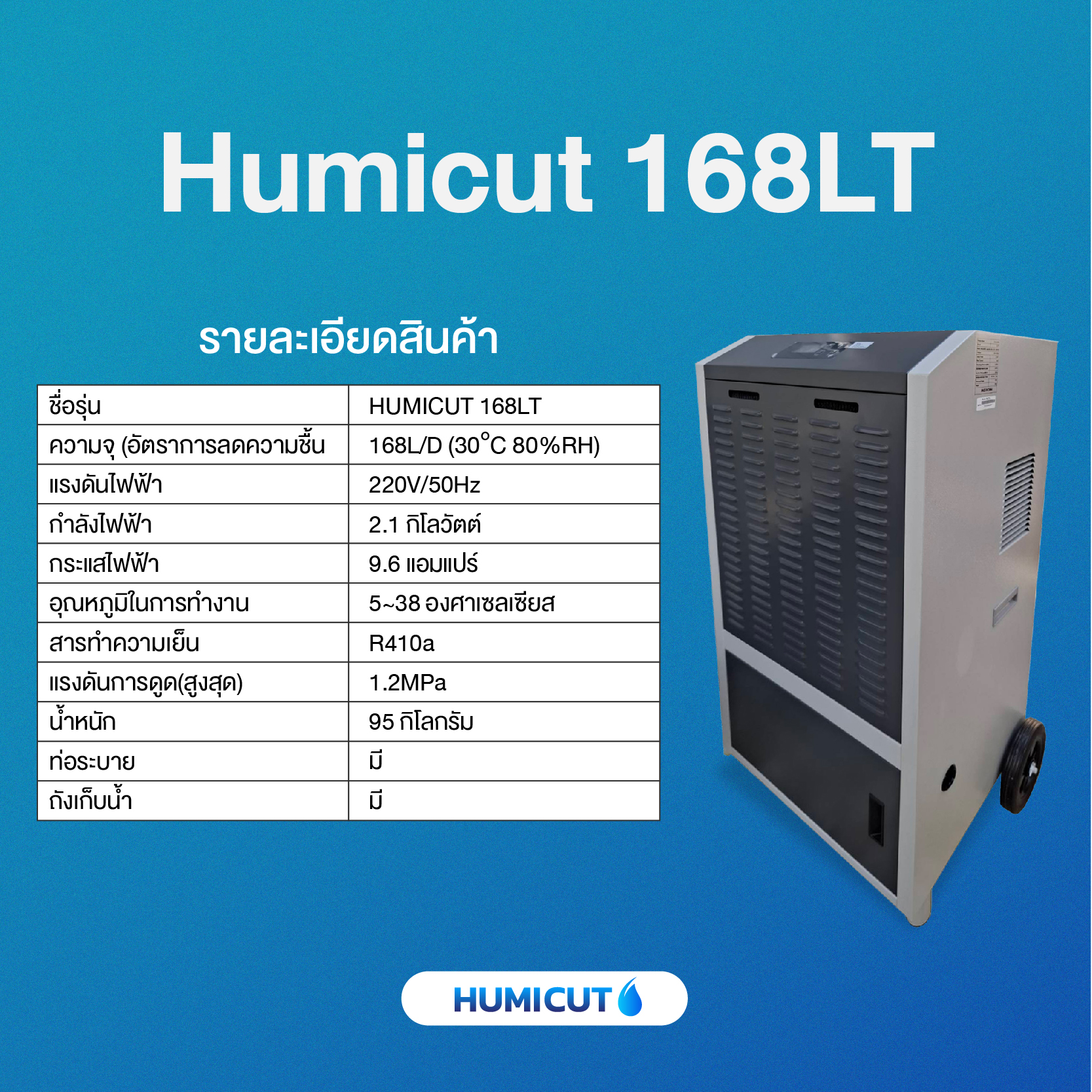 HUMICUT เครื่องลดความชื้นอุตสาหกรรม รุ่น Humicut 168LT มีถังเก็บน้ำ